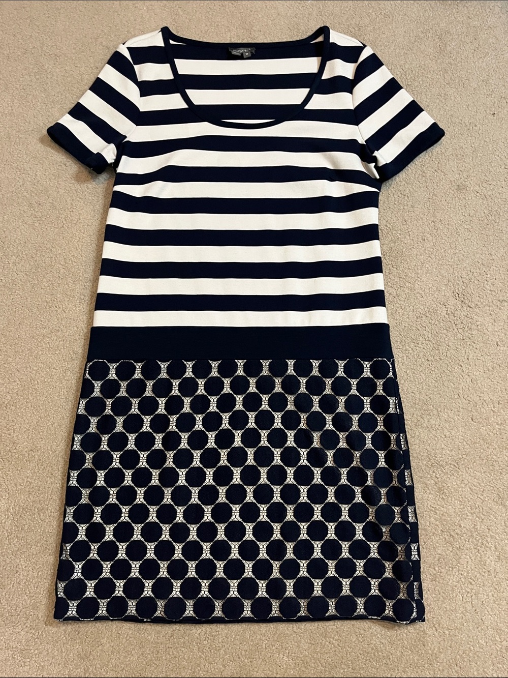 Musette Navy Ivory Striped Lace Overlay Sheath Dress Size 10 Lined Midi, EUC